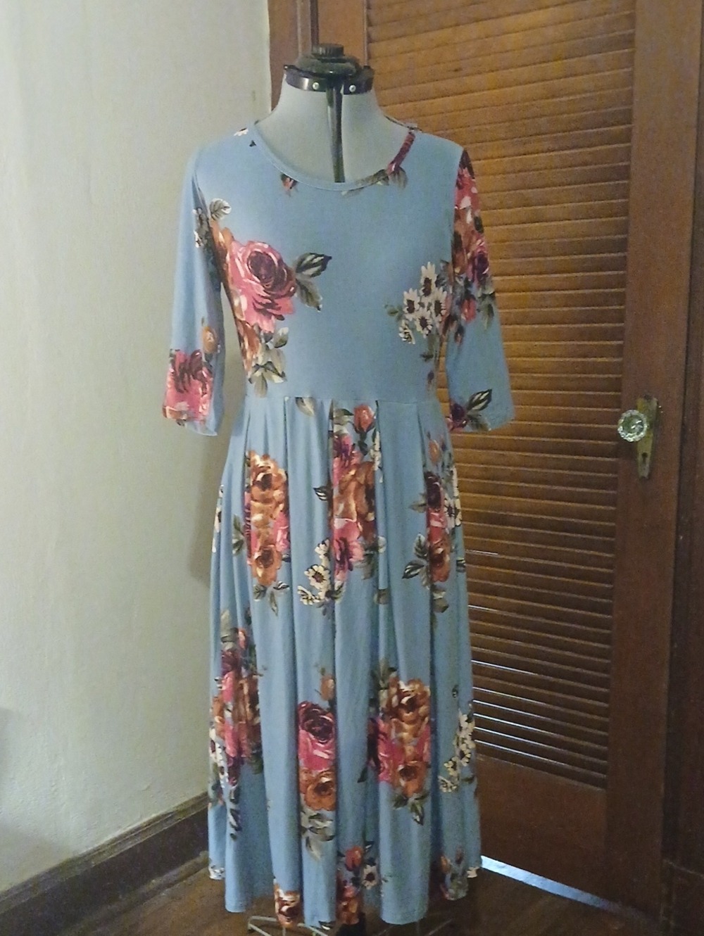 Light Blue Floral Midi Dress with Pink & Gold Flower Print